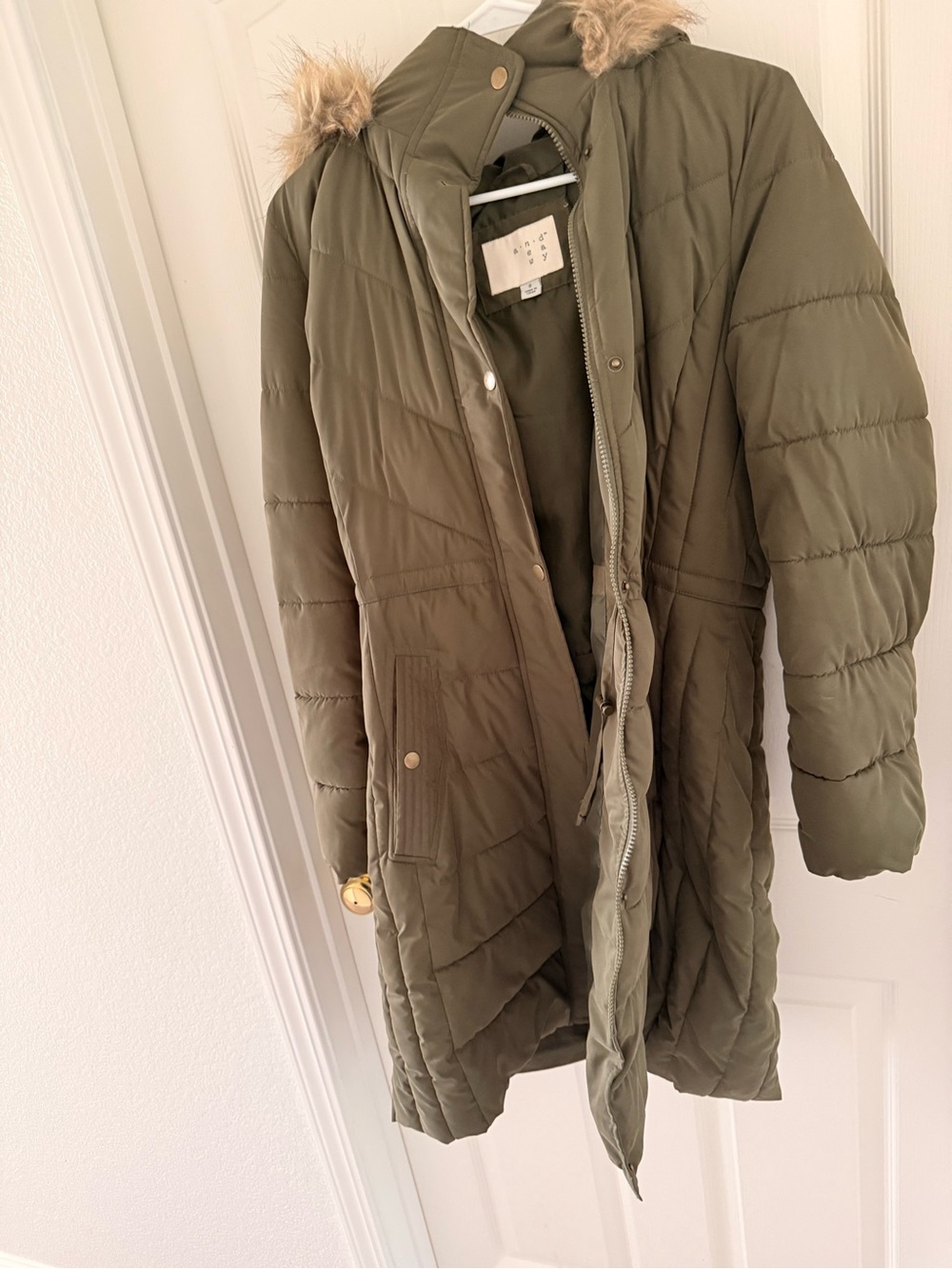 a new day Olive Green Quilted Puffer Coat with Faux Fur Trim